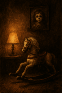 Unheimliches Bild eines Schaukelpferdes mit einem Kinderbild an der Wand.